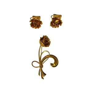 Vintage Gold Tone Rose Brooch Clip On Earrings Set Floral Bouquet Jewelry Gift